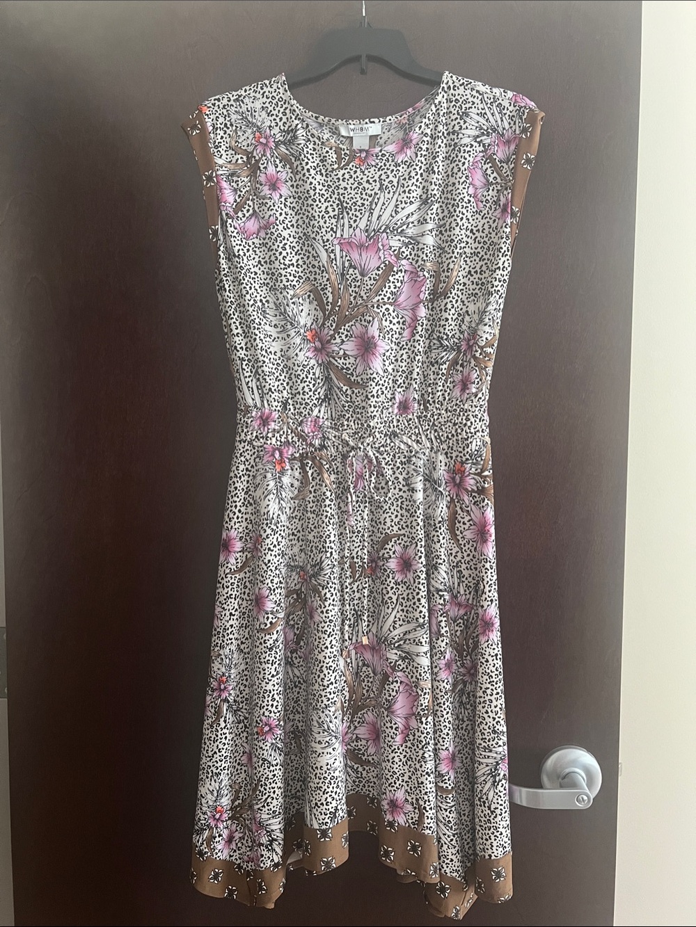 White House Black Market White, Black and Pink Floral Midi Dress with Brown Trim